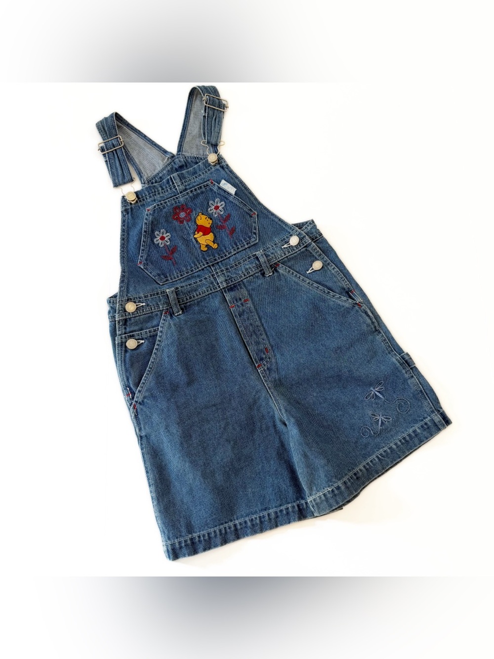 Vintage Disney Winnie The Pooh Girls Kids 10 Denim Overalls Floral Embroidered